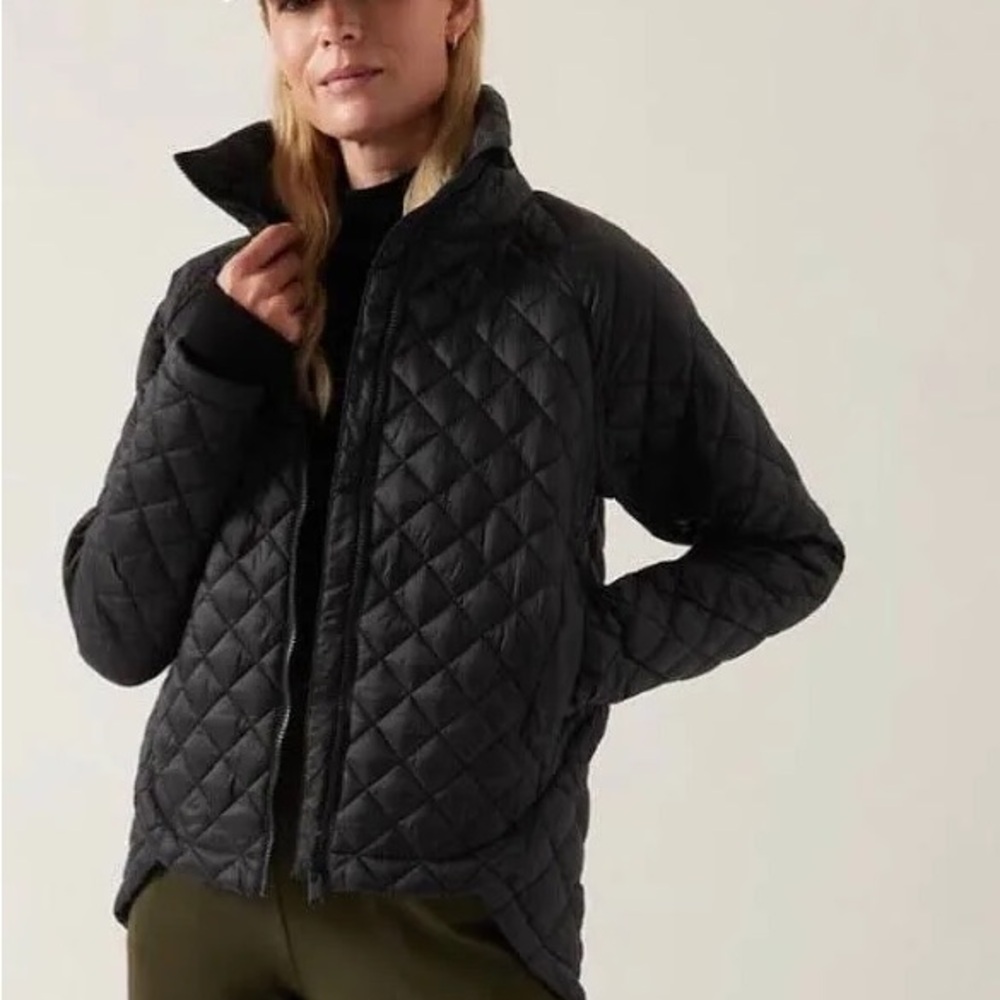 Athleta Black Puffer Jacket with Quilted Texture and High Collar